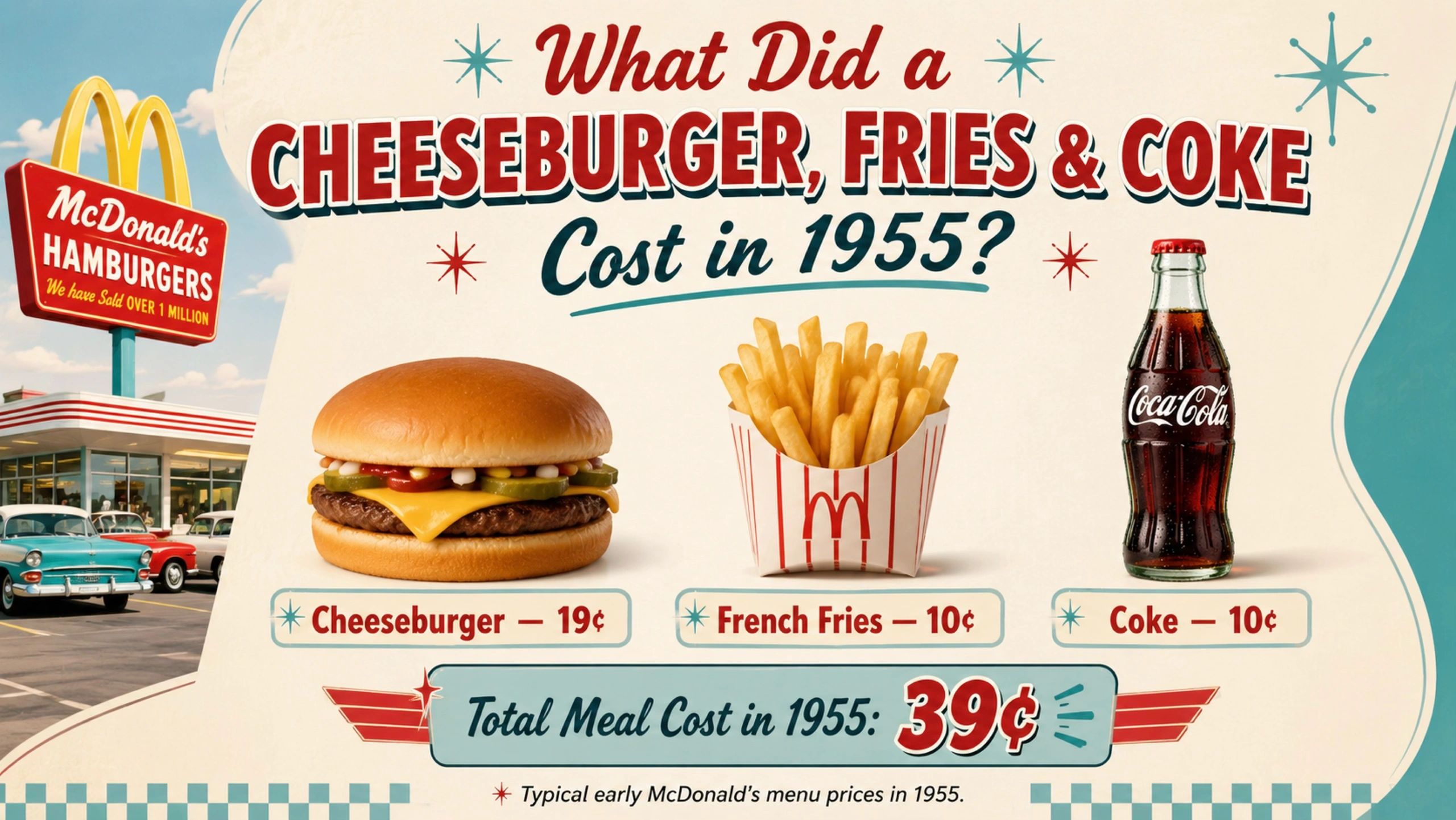What did a cheeseburger, fries and coke cost in 1955 infographic