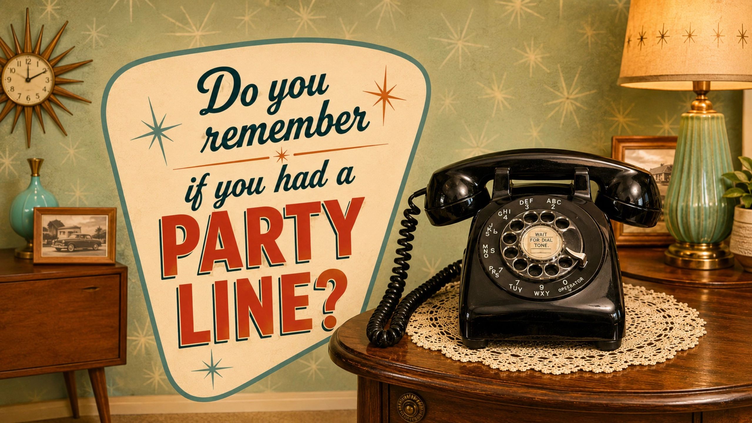 Do you remember if you had a party line — 1950s rotary telephone scene